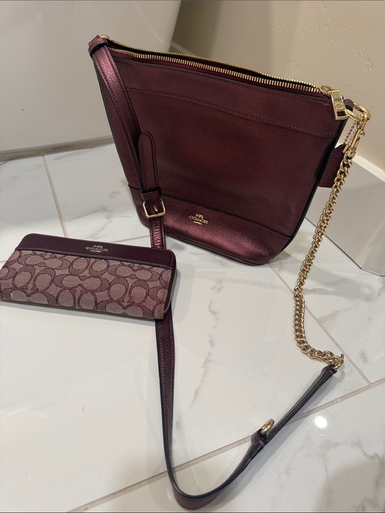 Coach Handbags - Coach Plum Leather Crossbody with Signature Wallet and Gold Chain